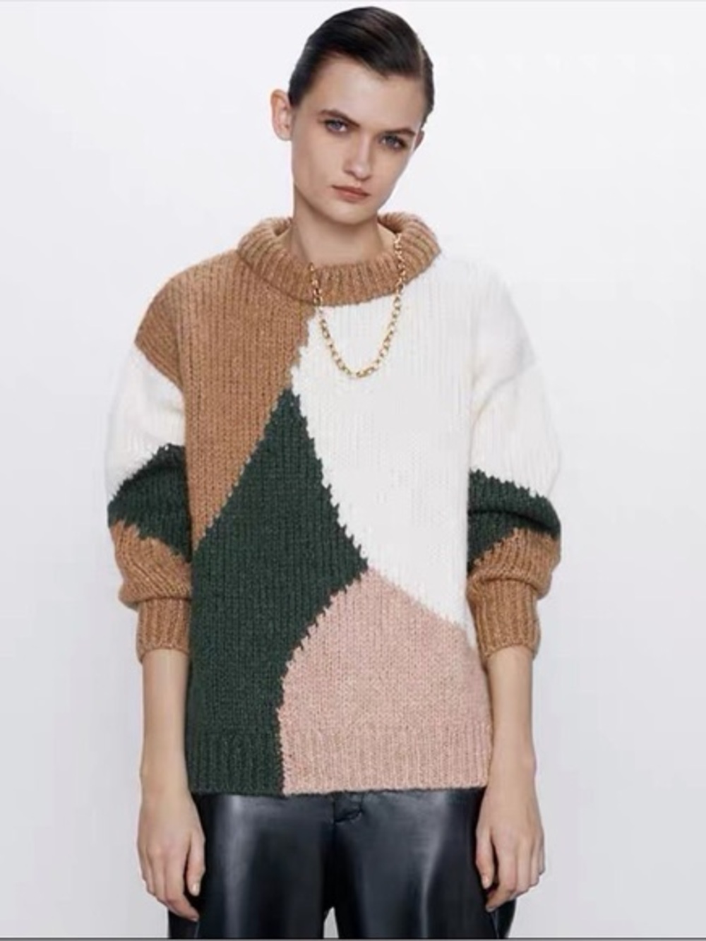 NWT Zara Oversized Colorblock Sweater Crew Neck Slouchy Cream Brown Large